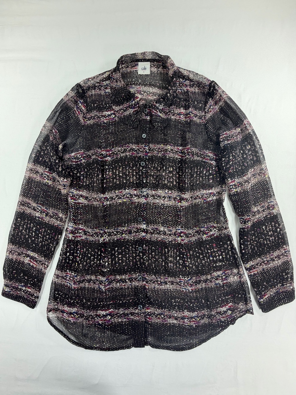 Cabi Sheer Button Front Blouse Small Abstract Print Long Sleeve Black - Picture 1 of 5
